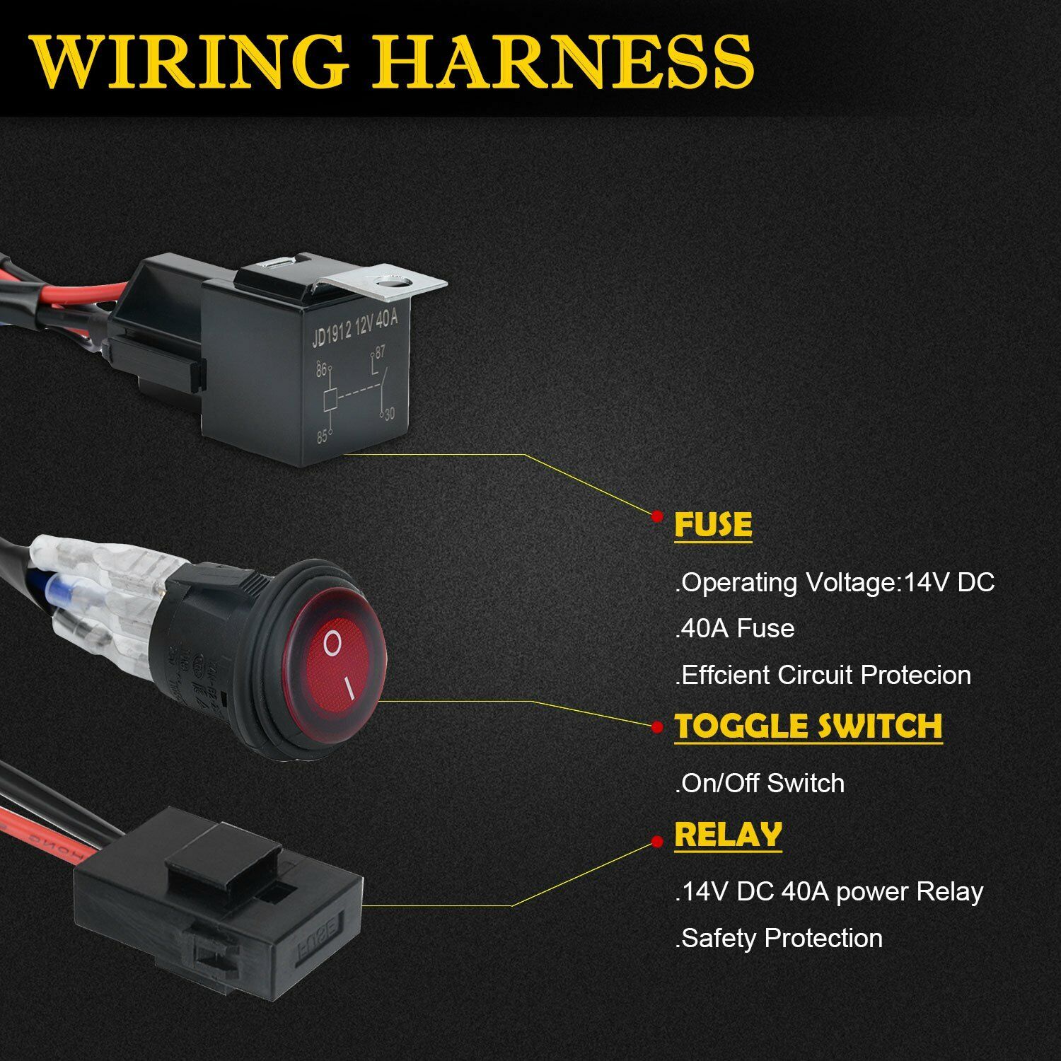 LED LIGHT BAR WIRING HARNESS KIT (2 LEADS 16AWG) WITH FUSE 12V 40A RELAY 3/4" ON/OFF SWITCH